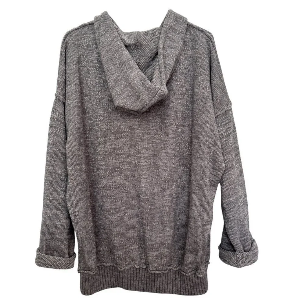 Free People Sz M In Bloom Knit Hoodie Sweater Gray White Oversized Full Zip Boho